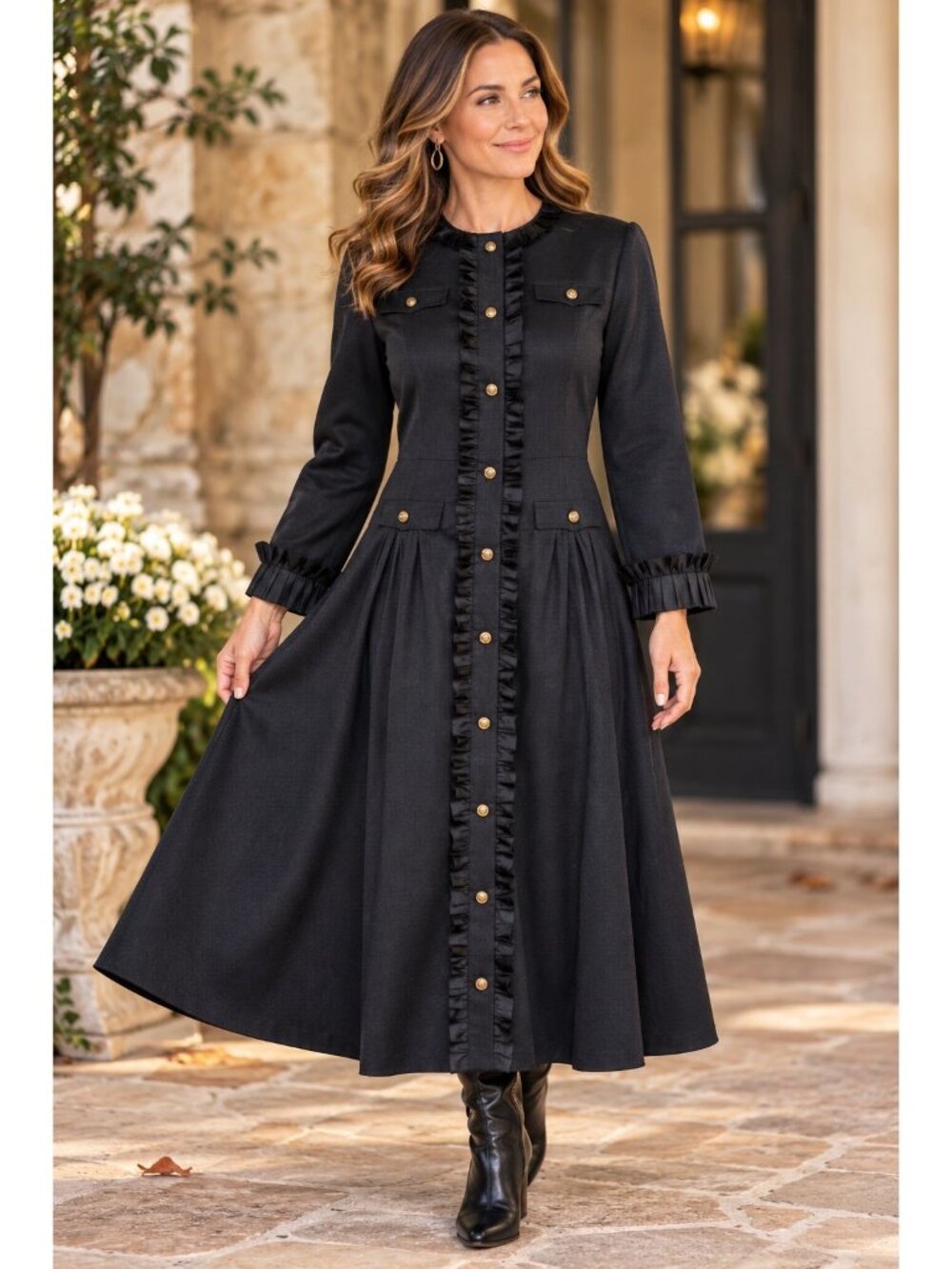 Vintage Handmade Black Midi Dress M Gold Buttons Ruffle Trim Mod Prairie